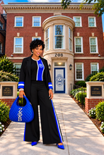 Load image into Gallery viewer, Black Pants (w Royal Blue and White Stirpe)
